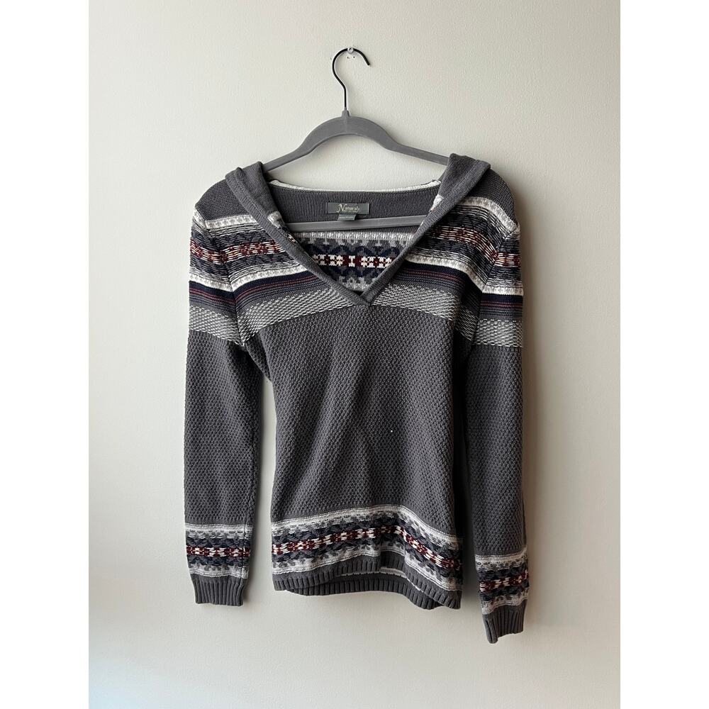 Granola Vintage Natural Reflections Hooded Gray Patterned Sweater Size Small